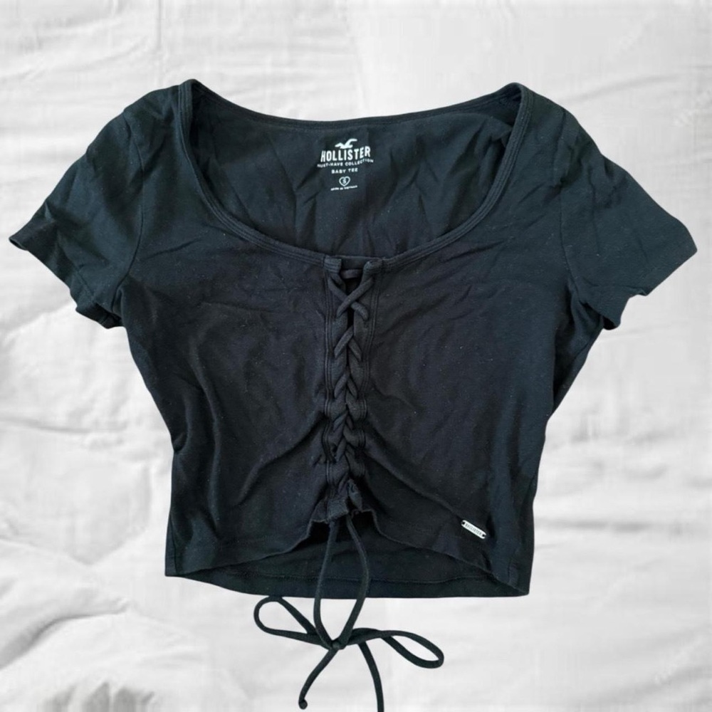 Hollister Black Fitted Crop Blouse with Tie Front